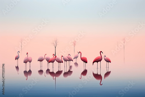 Flamingo Flock Gathering: Pink and Blue Tones by the Lake