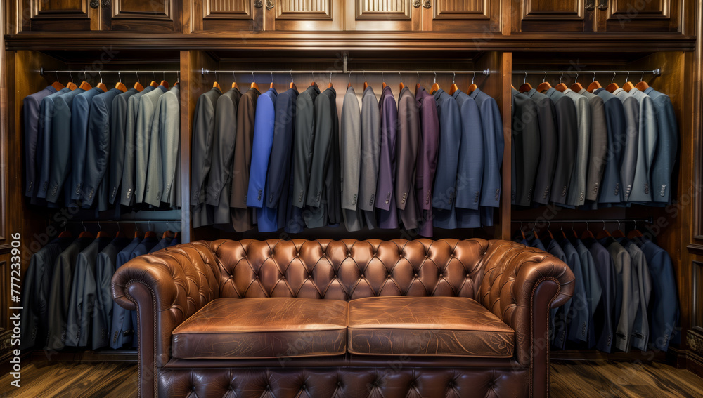 Obraz premium Couch, brown sits in front of a row of hanging suits