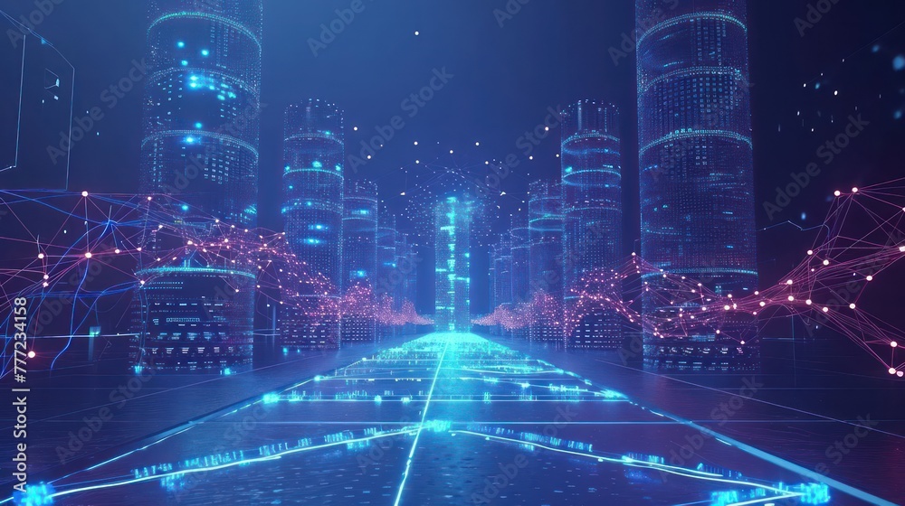 futuristic genetic research cityscape, with secure data towers, virtual genetic networks, and a watchful AI overseeing the safeguarding of genetic information futuristic genetic research cityscape, with secure data towers, virtual genetic networks, and a watchful AI overseeing the safeguarding of genetic information