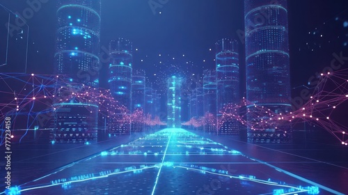 futuristic genetic research cityscape, with secure data towers, virtual genetic networks, and a watchful AI overseeing the safeguarding of genetic information © Tina