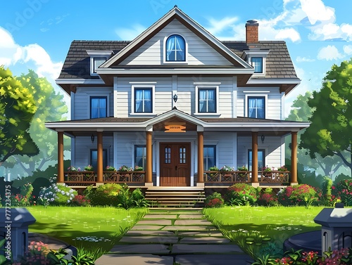 A beautiful two-story American house with an elegant front porch, decorated in a traditional style and surrounded by a lush green lawn and colorful flowers under the blue sky