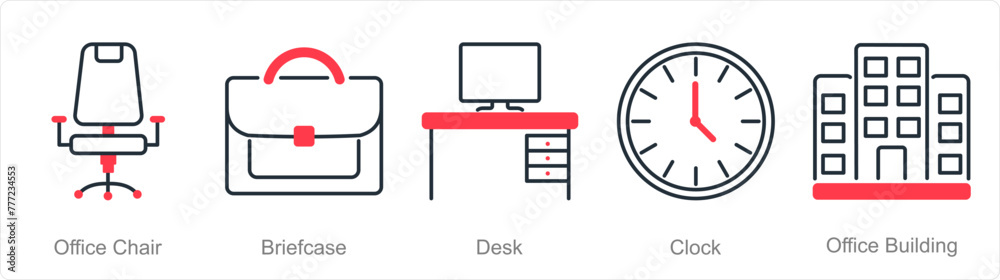 A set of 5 Office icons as office chair, briefcase, desk A set of 5 Office icons as office chair, briefcase, desk