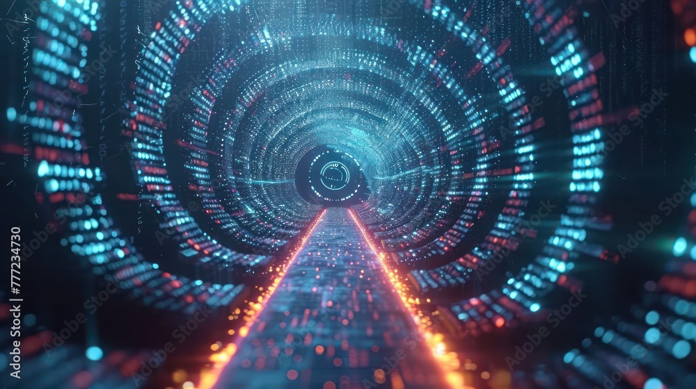 Fototapeta premium genetic cybersecurity scene with futuristic code streams converging into a secure gateway