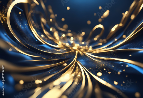 Abstract background with Dark blue and gold particle. Christmas Golden light shine particles bokeh on navy blue background. Gold foil texture.