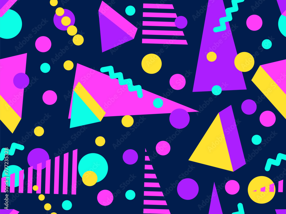 Geometric seamless pattern with 3D shapes in the style of the 80s and 90s. Isometric 3D shapes in Memphis style. Design of promotional products, wrapping paper and printing. Vector illustration