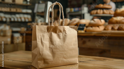 a craft paper bag on the table of an intdoor cafe, bakery and pastry shop. photo
