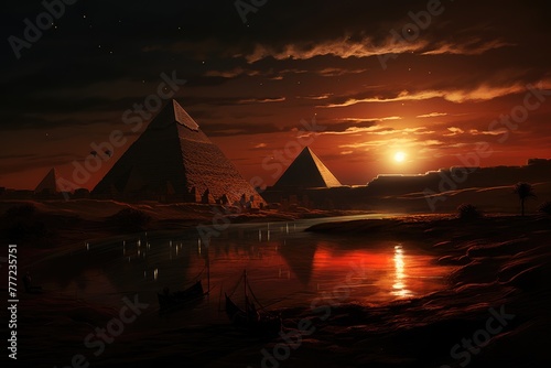 Sunset behind the pyramids.