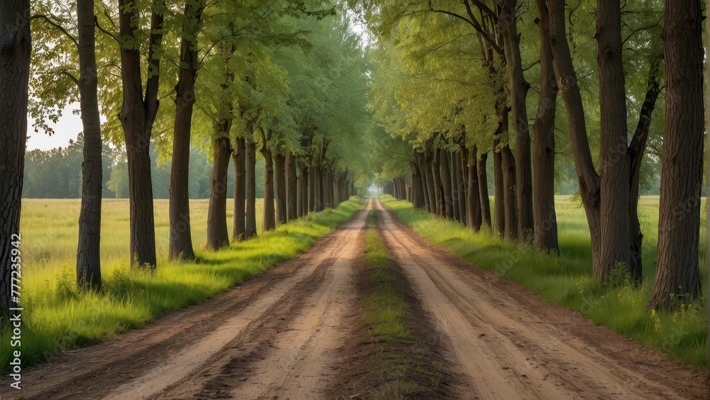 Tranquil forest road with towering trees Tranquil forest road with towering trees