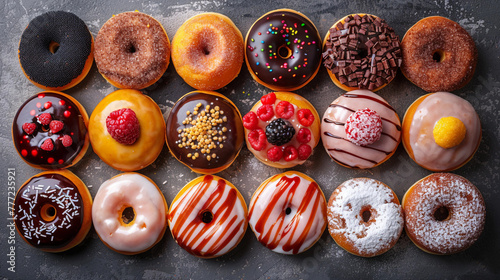 Colorful sweet background. Set of Delicious glazed donuts on dark background.  top view. three rows of traditional american donuts of different flavors.  flat lay