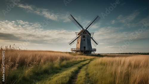 Traditional wooden windmill in golden field