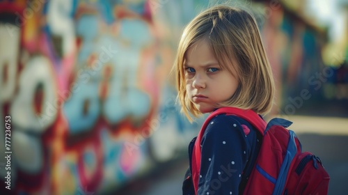 Portrait of a little angry schoogirl with a backpack on a background of graffiti. School bullying concept photo