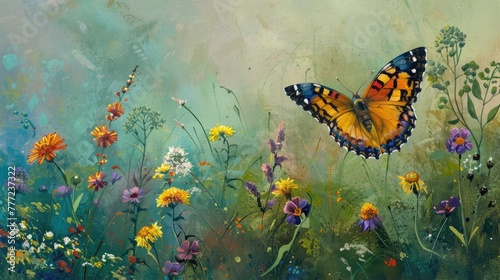 Focus on the silent grace of a butterfly as it alights on a bed of wildflowers, its wings a riot of color against the verdant backdrop of the meadow. © Ambreen