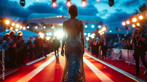 Elegant woman in designer evening gown walks down the red carpet illuminated by flashing camera lights with Cannes Palais des Festivals in the background photo