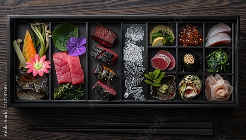 An appetizing array of sushi and sashimi beautifully presented in a wooden serving box, ready for a delightful culinary experience..