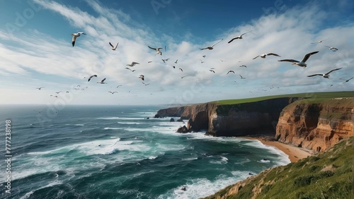 Cliffs by the sea with flying seagulls