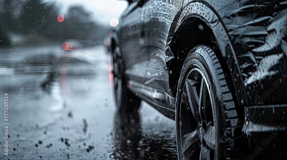A close-up view of a car's side profile showcases the detail of raindrops on the shiny surface, reflecting the gloomy street lights on a wet day..
