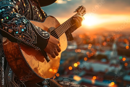 Mariachi musician strums a guitar passionately his silver-studded charro suit sparkling against a sunset-lit Mexican cityscape encapsulating the Cinco De Mayo spirit photo