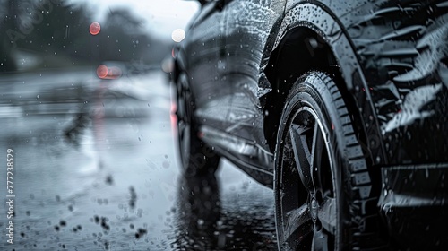 A close-up view of a car s side profile showcases the detail of raindrops on the shiny surface  reflecting the gloomy street lights on a wet day..