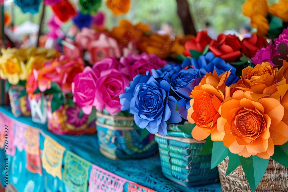 Market stallholder sells handmade paper flowers in brilliant hues the vibrant backdrop for Cinco De Mayo celebrations with empty space for text