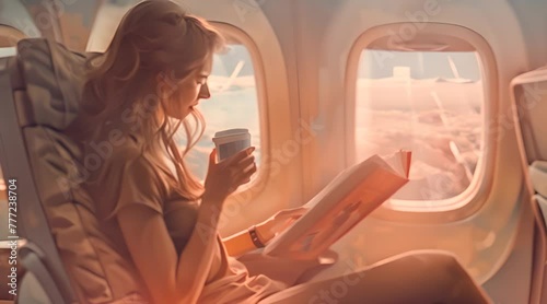 A woman sitting in an airplane comfortable reading a newspaper and drinking coffee  photo