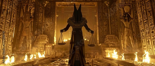 Anubis, God of the Underworld, holding the scales of judgment, surrounded by ancient hieroglyphs and torch-lit chambers, in a mystical 3D render