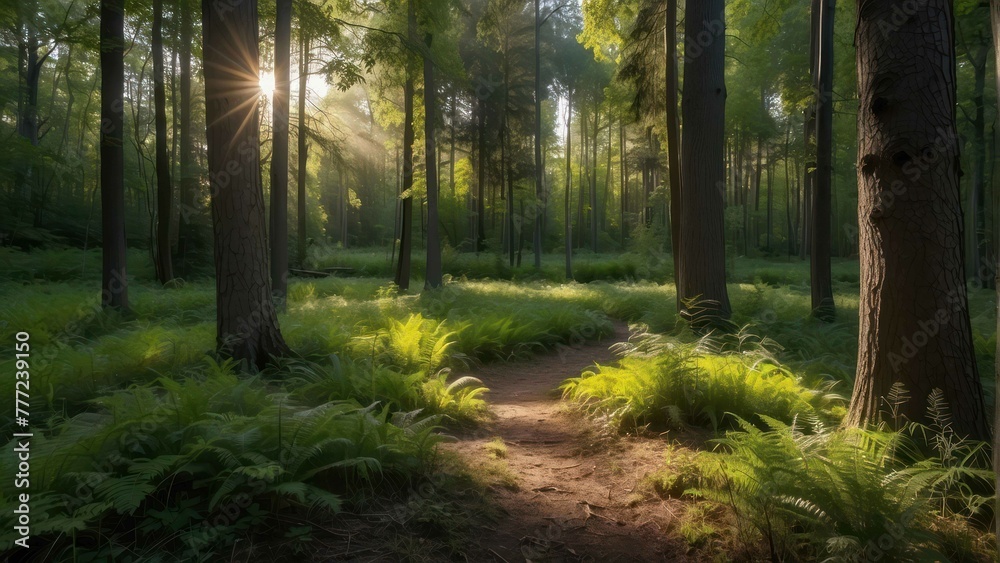Obraz premium Sunrays peering through a serene forest