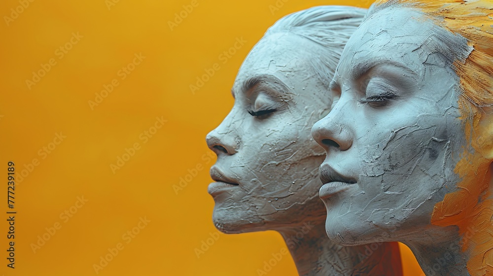 A close-up image featuring two plaster head statues of females, with textures and contrasting colors on an orange backdrop.