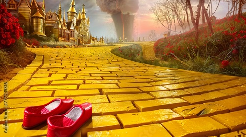 Dorothy, ruby slippers, yellow brick road, tornado, Emerald City, fantasy world, technicolor, whimsical scenery, classic family film, golden hour lighting, Tilted angle vie photo