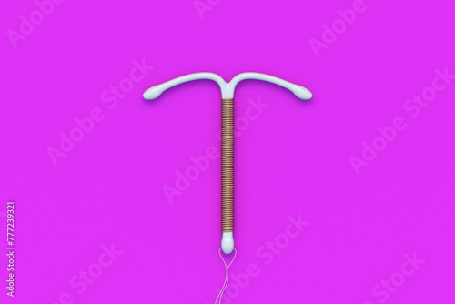 Birth control device on pink background. T-shape female contraceptive. Intrauterine device with coil. Sex education. Prevention method and contraception. Unwanted pregnancy. Top view. 3d render