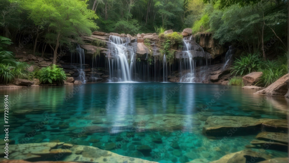 Tropical waterfall oasis in lush landscape