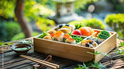 An appetizing array of sushi and sashimi beautifully presented in a wooden serving box, ready for a delightful culinary experience..