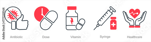 A set of 5 Pharmacy icons as antiboitic, dose, vitamin