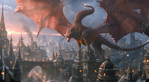 Ancient enormous dragon attacked the old English town  photo