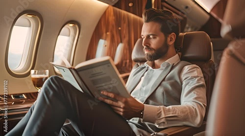 Elegant man sitting on a private jet and reading a newspaper and drinking coffee  photo