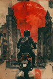 A vintage-style collage depicting asian motorcyclist riding through an urban landscape under a large red sun, evoking a sense of adventure and nostalgia.
