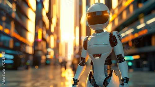 Wallpaper Mural Humanoid robot, sleek design, living in a utopian society run by AI, strolling through a bustling futuristic cityscape, no extreme weather, 3d render, golden hour lighting effect, Panoramic view Torontodigital.ca