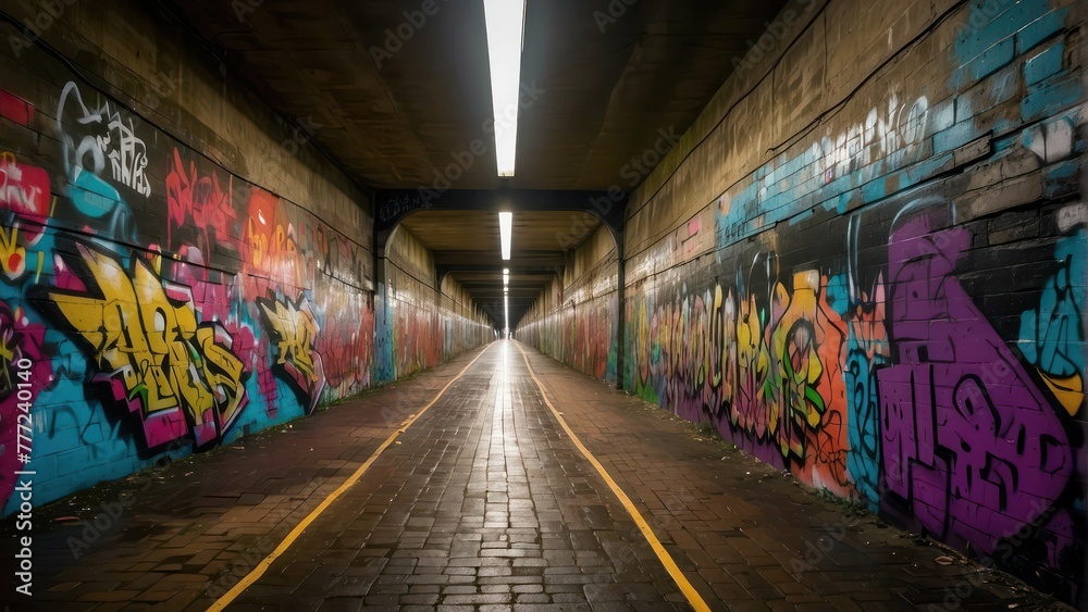 Colorful graffiti art in urban tunnel