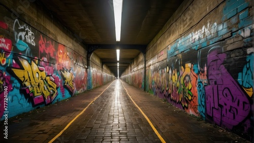 Colorful graffiti art in urban tunnel