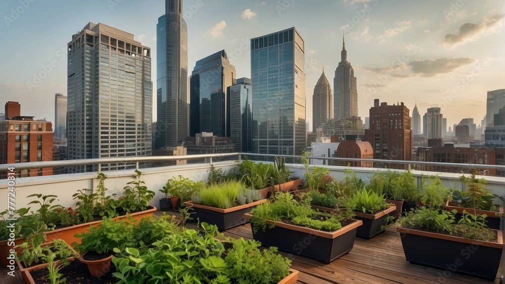Fototapeta premium Green rooftop garden against city backdrop