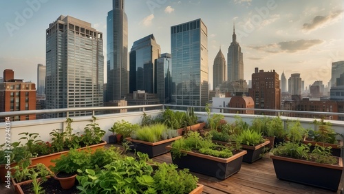 Green rooftop garden against city backdrop © sitifatimah
