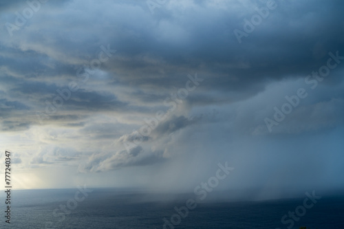 Majestic seascape under thick cloudy sky at twilight