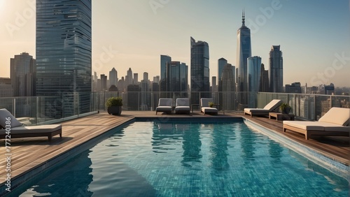 Luxurious poolside loungers with city view