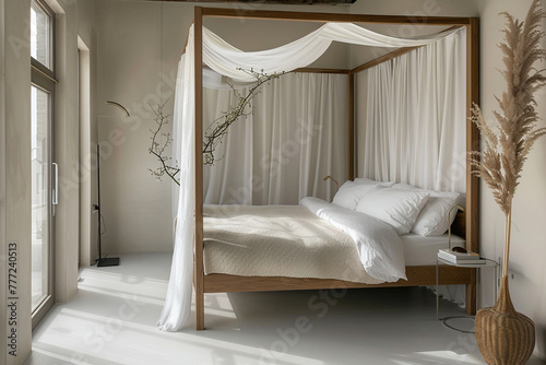 Clean-lined bedroom with minimalist decor and canopy bed. © ZUBI CREATIONS