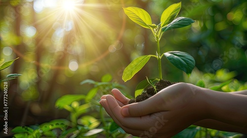 Tender hands hold a young plant with care against a backdrop of sunlight streaming through the verdant foliage, encapsulating hope and growth..