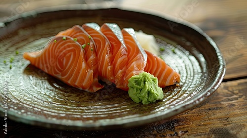 A succulent piece of salmon nigiri sushi, accompanied by a dollop of wasabi, presented on a ceramic plate with a natural backdrop..