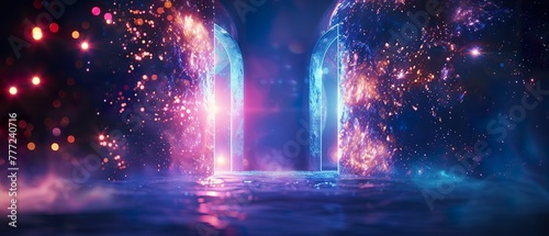 Mystical Portal, Cosmic Shroud, Enigmatic gateway to unseen worlds, Unveiling the mysteries of hidden dimensions and their impact on reality, 3D render, Backlights, Bokeh effect, Split screen view