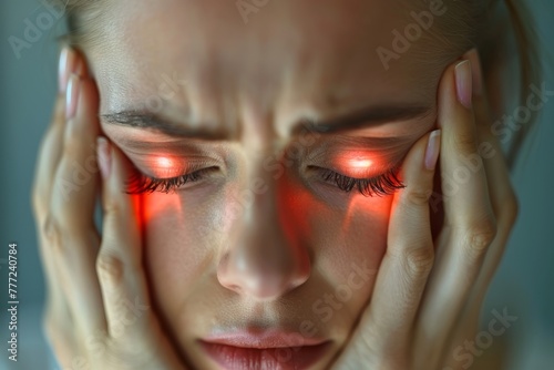 Woman with glowing red eyes holding head in pain photo