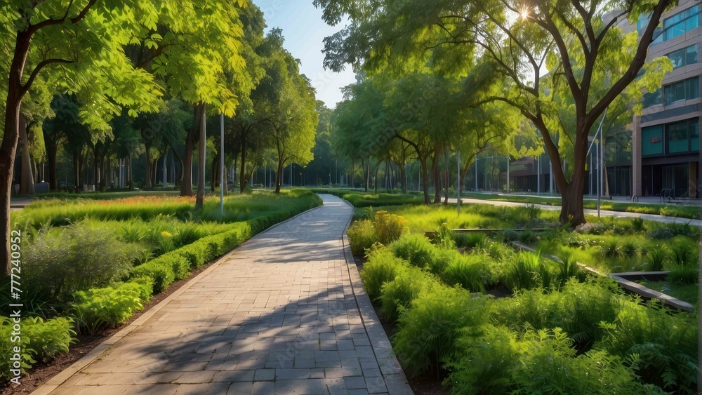 Peaceful park path in lush green setting Peaceful park path in lush green setting