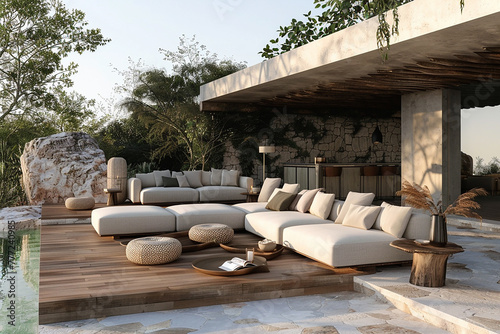A cozy outdoor lounge area with comfortable sofas and chairs by the pool.
