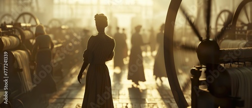 Spinning jenny, linen cloth, revolutionary invention of the industrial age, crowded textile factory, smoggy atmosphere, 3D render, silhouette lighting, motion blur, Eye-level angle